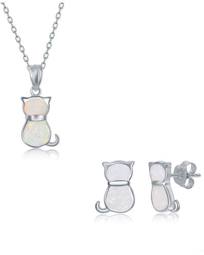 Simona Sterling Silver White Inlay Opal Cat Necklace & Earrings Set