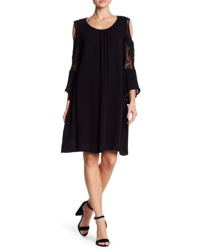 Nina Leonard Crochet Cold Shoulder Long Sleeve Dress - Black