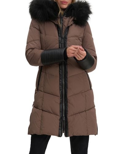 Noize Priya Water Resistant Mixed Media Parka With Faux Fur Trim - Brown