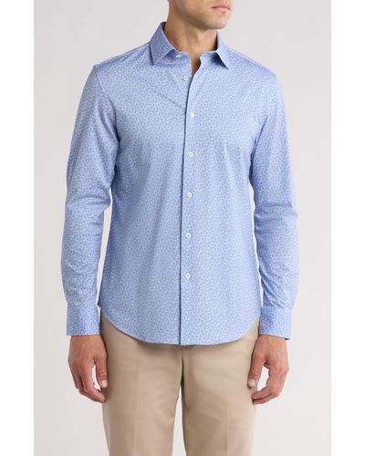 Bugatchi Trim Fit Dot Print Stretch Cotton Button-up Shirt - Blue