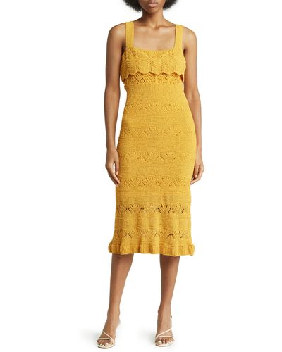 Lush Ruffle Pointelle Knit A-line Dress - Yellow