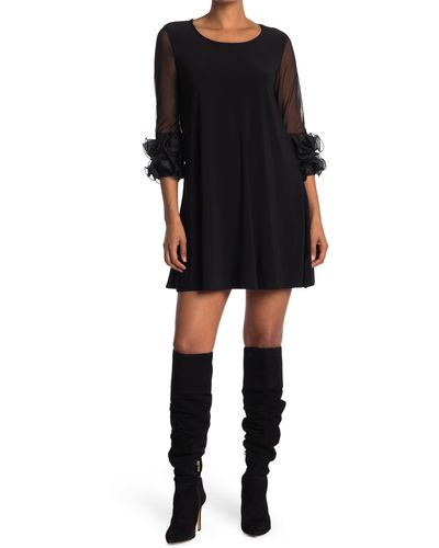 Nina Leonard Ruffle Mesh Sleeve Dress - Black