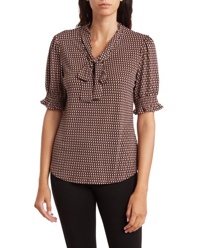Adrianna Papell Ruffle Patterned Tie Neck Top - Brown