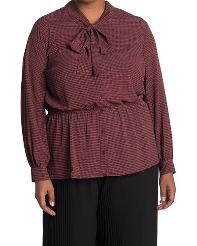 Pleione Tie Neck Button-down Geometric Print Peplum Blouse - Purple