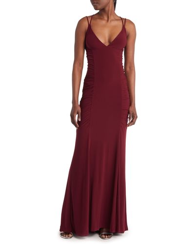 Jump Apparel Ruched Lace-up Jersey Column Gown - Red