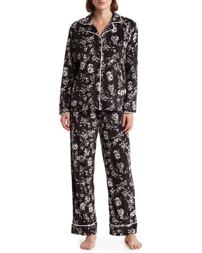 Anne Klein Printed Long Sleeve Shirt & Pants Two-piece Pajama Set - Black