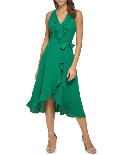 Kensie Ruffle Trim Faux Wrap Dress - Green