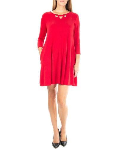 Nina Leonard Hardware Neck Long Sleeve Dress - Red