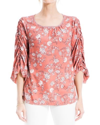 Max Studio Ruched Sleeve Floral Top - Pink
