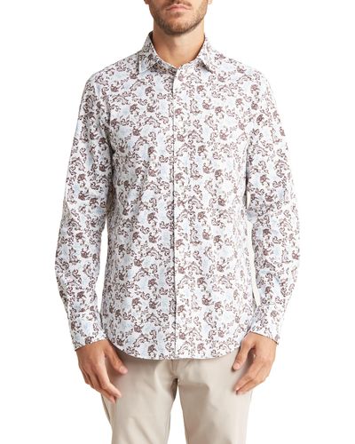 Thomas Dean Paisley Print Cotton Blend Button-up Shirt - White
