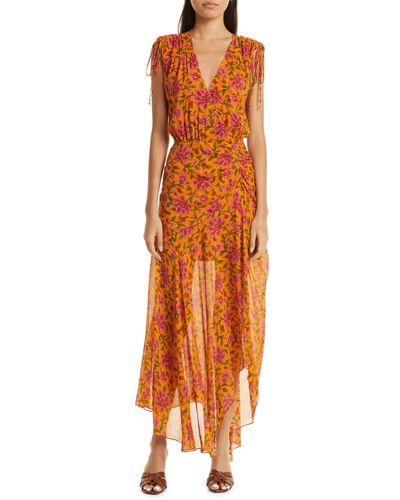 Veronica Beard Dovima Floral Asymmetric Silk Maxi Dress - Orange