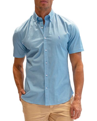 Tailorbyrd Micro Gingham Stretch Cotton Short Sleeve Button-down Shirt - Blue