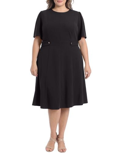 London Times Short Sleeve Fit & Flare Midi Dress - Black