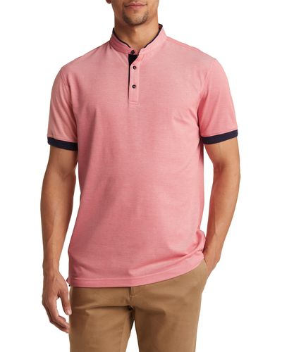 Lorenzo Uomo Trim Fit Band Collar Short Sleeve Polo - Pink