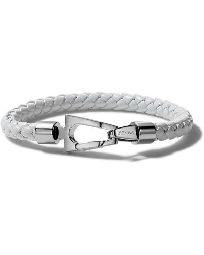 Bulova Stainless Steel Braided Leather Bracelet - White