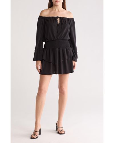 Go Couture Tiered Long Sleeve Off The Shoulder Dress - Black