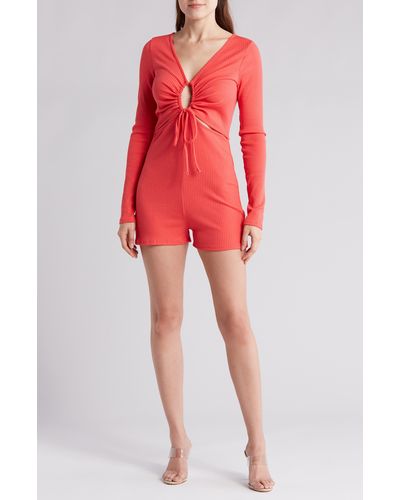 Lulus Laid Back Vibes Cutout Long Sleeve Romper - Red
