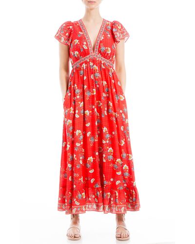Max Studio Floral Flutter Sleeve Maxi Dress - Red