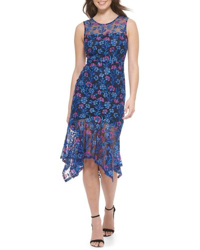 Kensie Floral Embroidered Sleeveless Midi Dress - Blue