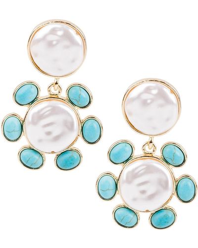 Saachi Cadence Floral Imitation Pearl Turquoise Dangle Earrings - Blue