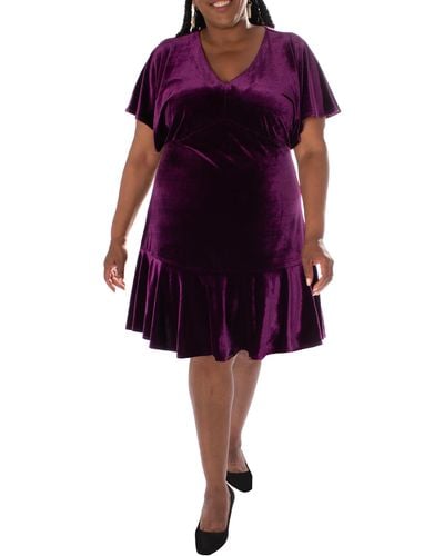 Taylor Dresses Flutter Sleeve Flounce Hem Velour Dress - Purple
