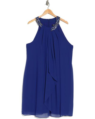 Sl Fashions Braid Beaded Neck Chiffon Cascade Ruffle Dress - Blue