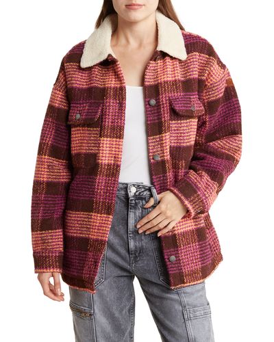 Roxy Passage Of Time Plaid Shacket With Faux Shearling Collar - Red