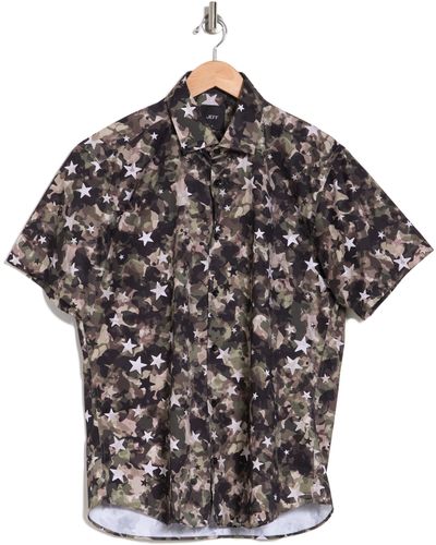 JEFF Star Camo Print Short Sleeve Button-up Shirt In Olive At Nordstrom Rack - Green