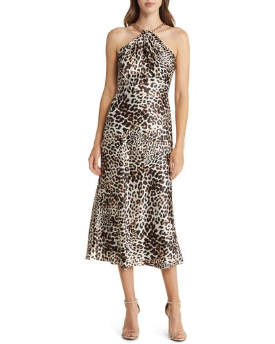 Vince Camuto Leopard Print Chain Halter Neck Dress - Brown