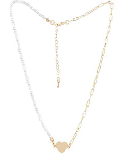 Saachi Imitation Pearl & Paper-clip Chain Heart Pendant Necklace - White