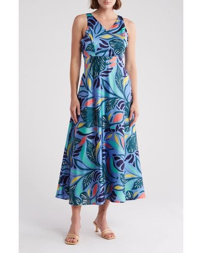 Tahari Foliage Print Maxi Dress - Blue