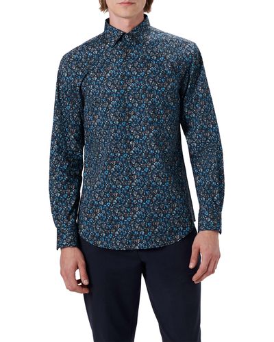 Bugatchi Shaped Fit Floral Print Stretch Cotton Button-up Shirt - Blue