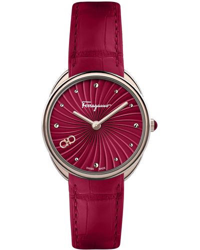 Ferragamo Guilloché Dial Embossed Leather Strap Watch - Red