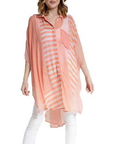 Saachi Sheer Oversize Stripe Cover Up Shirt - Pink