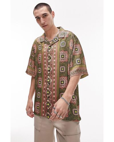 TOPMAN Print Short Sleeve Satin Button-up Shirt - Brown