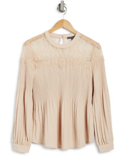 Adrianna Papell Pleated Lace Trim Blouse In Champ Blush At Nordstrom Rack - Natural