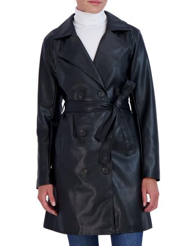 Sebby Faux Leather Trench Jacket - Blue