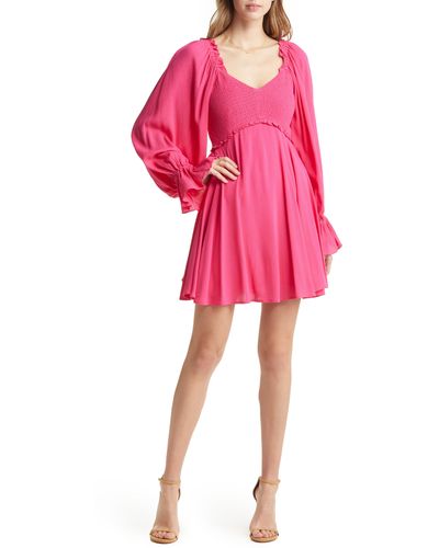 Vici Collection Smocked Long Sleeve Babydoll Dress - Pink