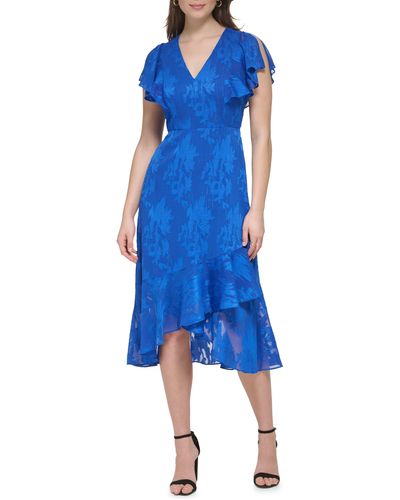 Kensie Flutter Sleeve Burnout Chiffon Midi Dress - Blue