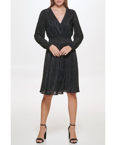Kensie Pleated V-neck Long Sleeve A-line Dress - Black