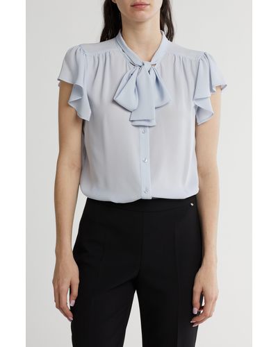 Calvin Klein Neck Tie Ruffle Sleeve Button-up Top - White