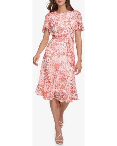 DKNY Floral Godet Short Sleeve Fit & Flare Midi Dress - Pink