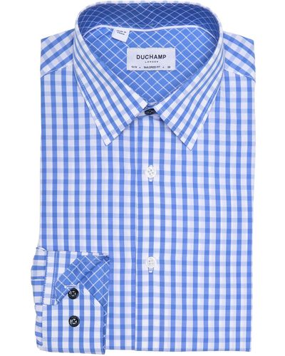 Duchamp Gingham Print Tailored Fit Dress Shirt In Blue At Nordstrom Rack