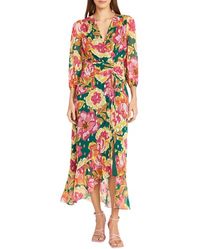 DONNA MORGAN FOR MAGGY Floral Print Metallic Long Sleeve High/low Maxi Dress - Multicolor