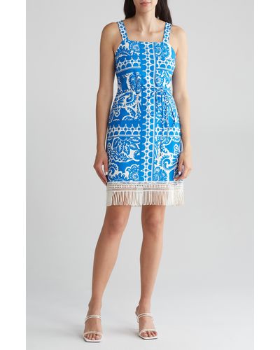Tahari Border Print Fringe Dress - Blue