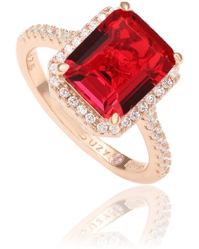 Suzy Levian 14k Rose Gold Cz Halo Framed Ring - Red