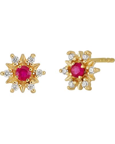 Bony Levy 18k Yellow Gold Diamond & Ruby Flower Stud Earrings - Multicolor