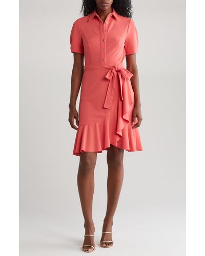 Tommy Hilfiger Ruffle Scuba Crepe Shirtdress - Red