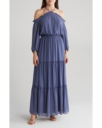 Halogen® Cold Shoulder Long Sleeve Halter Maxi Dress - Blue