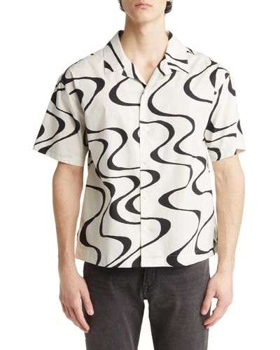 FRAME Abstract Wave Print Short Sleeve Button-up Camp Shirt - White